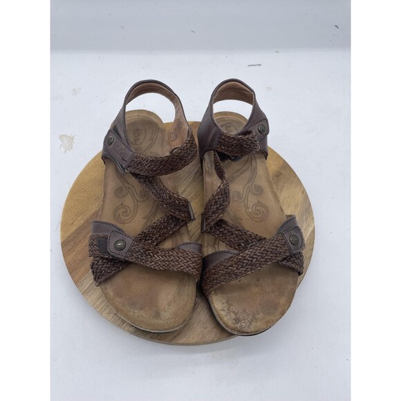 Taos Trulie Sandals Womens 6 Brown Leather Braided Strap Cork Sandals Spain - Picture 3 of 10